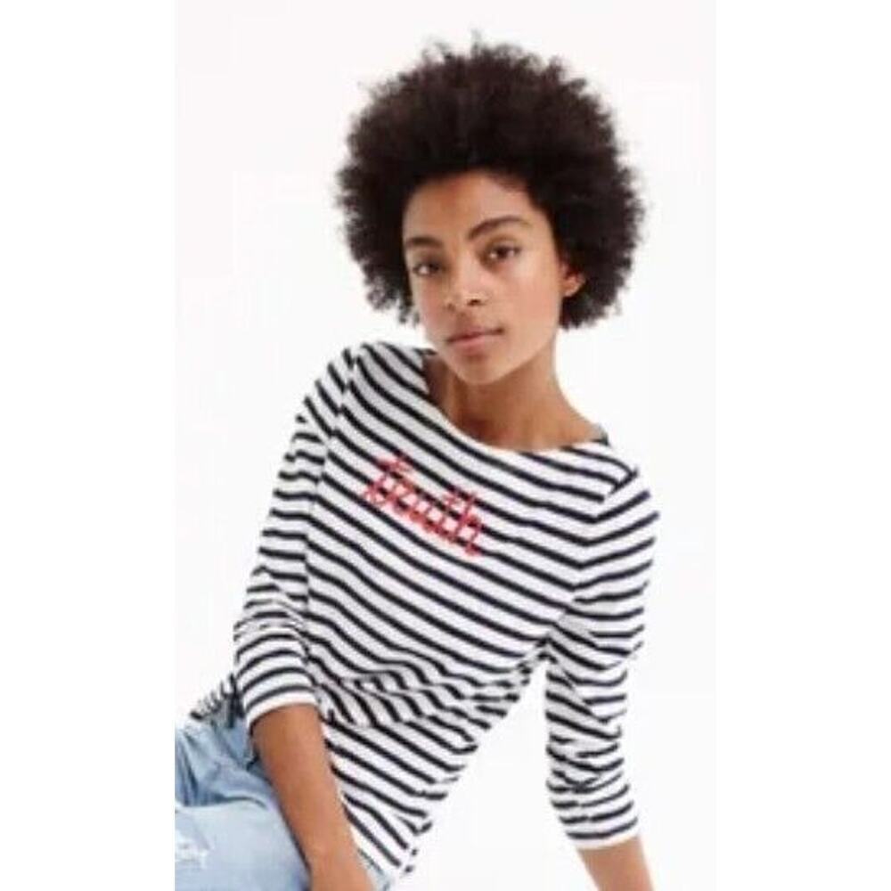 J.‎ Crew Women T Shirt Small Striped " Truth " Tee Navy White Boat Neck Nautical